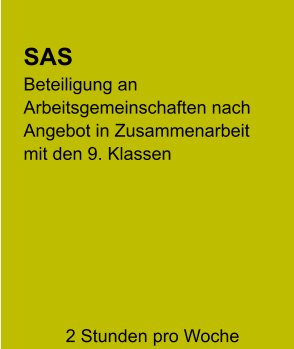 SAS Beteiligung an Arbeitsgemeinschaften nach Angebot in Zusammenarbeit mit den 9. Klassen      2 Stunden pro Woche